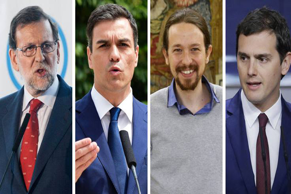 Principales dirigentes políticos en España: Mariano Rajoy (PP), Pedro Sánchez (PSOE), Pablo Iglesias (Podemos) y Albert Rivera (Ciudadanos)