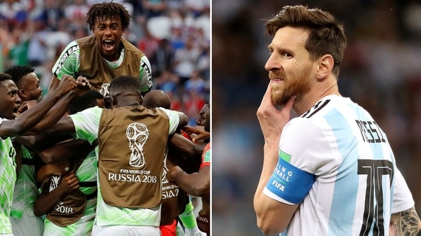 La selección de Nigeria festeja un gol y Leo Messi mira con preocupación. 